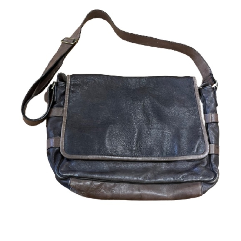 Cole Haan Two-Tone Brown Distressed Pebbled Leather Messenger Bag - Unisex
